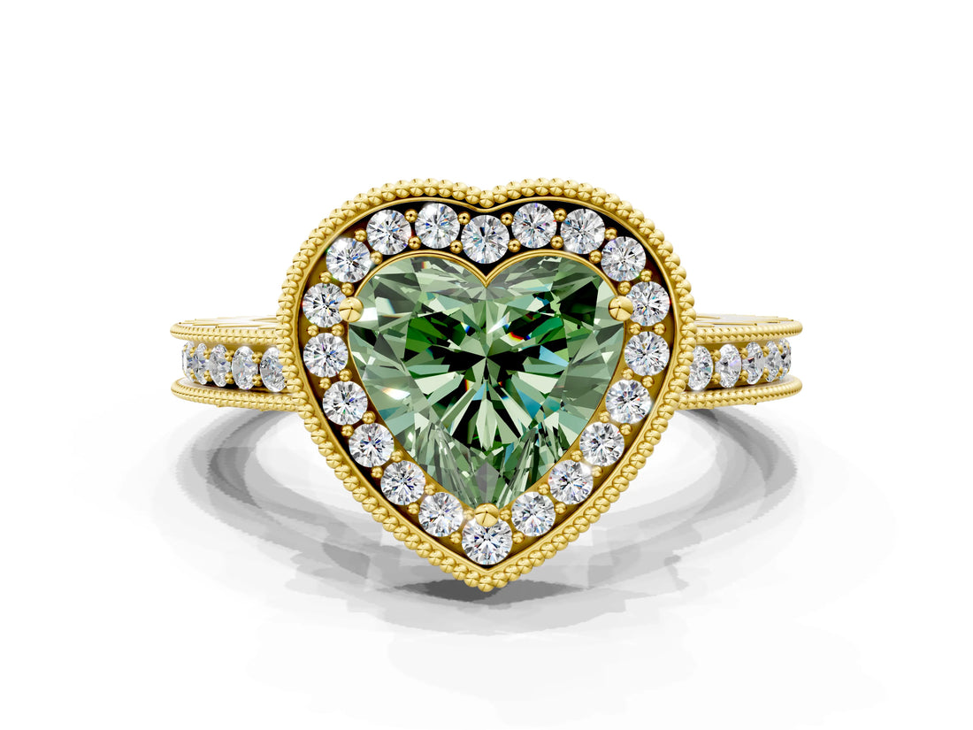 Yellow gold Fancy Green Heart  Halo Diamond Engagement Ring with Milgrain Pave Band and Four-Prong Setting_24