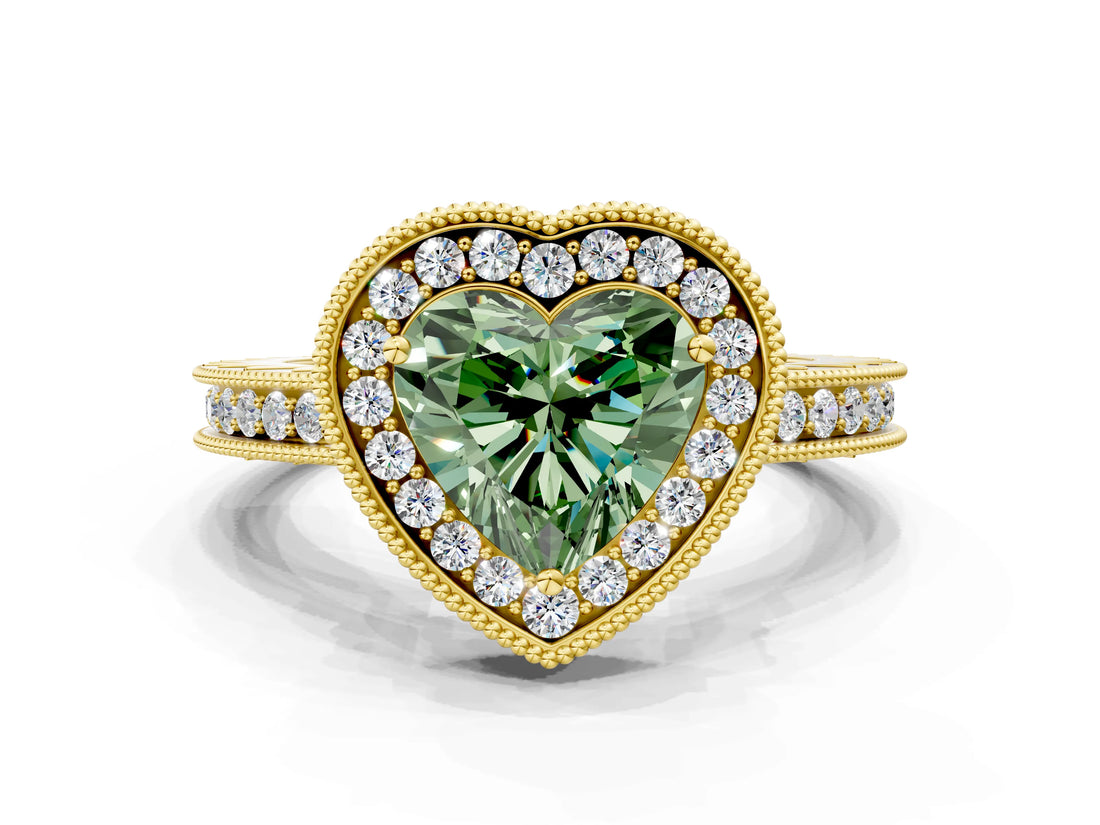 Yellow gold Fancy Green Heart  Halo Diamond Engagement Ring with Milgrain Pave Band and Four-Prong Setting_46
