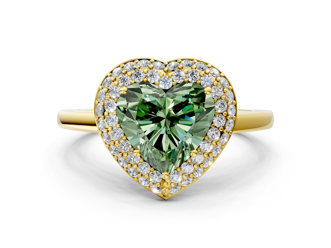 Yellow gold Fancy Green Heart  Halo Diamond Engagement Ring with Solitaire Band and Four-Prong Setting