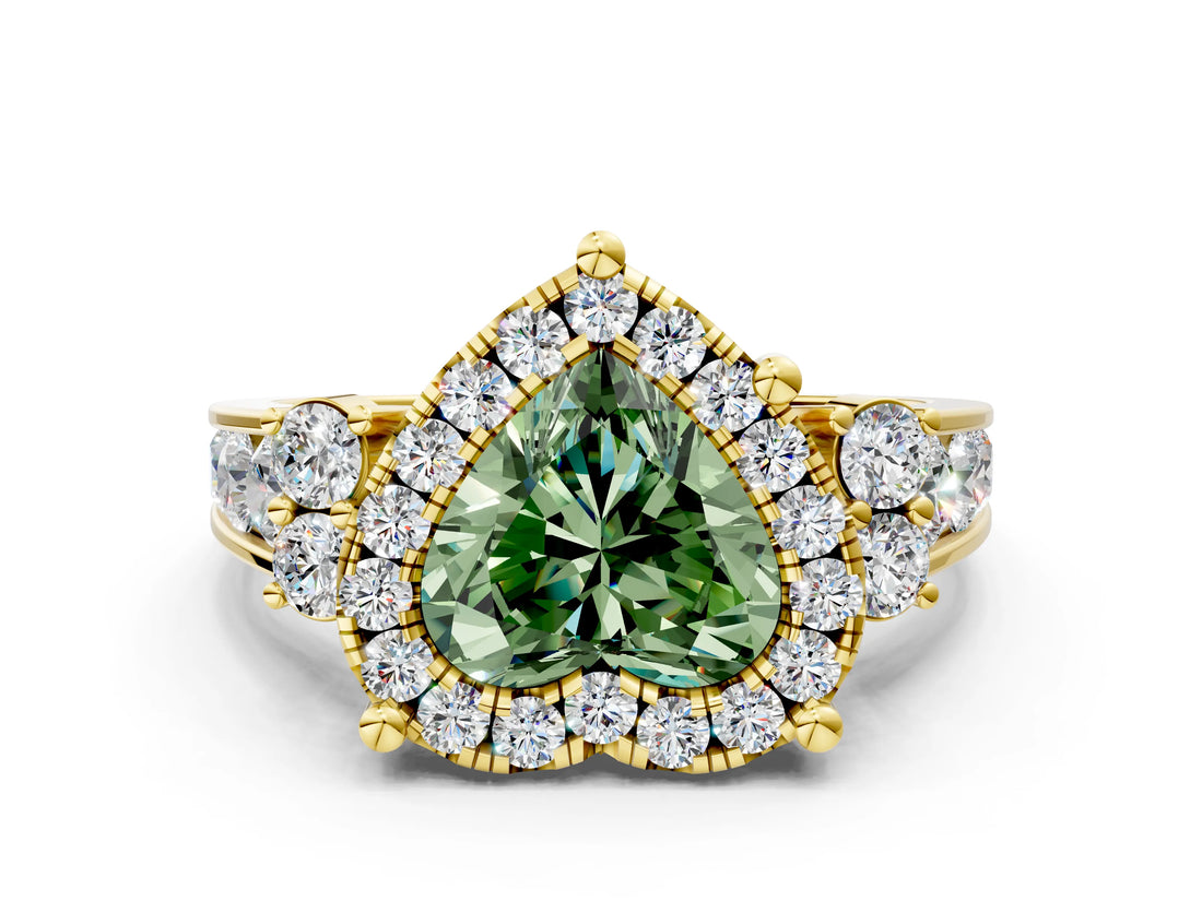 Yellow gold Fancy Green Heart  Halo Diamond Engagement Ring with Split Shank and Four-Prong Setting