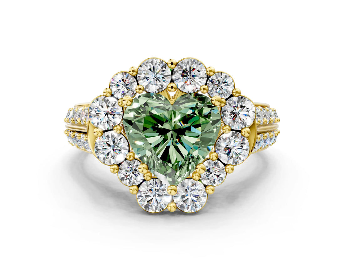 Yellow gold Fancy Green Heart  Halo Diamond Engagement Ring with Split Shank and Prong Setting_29