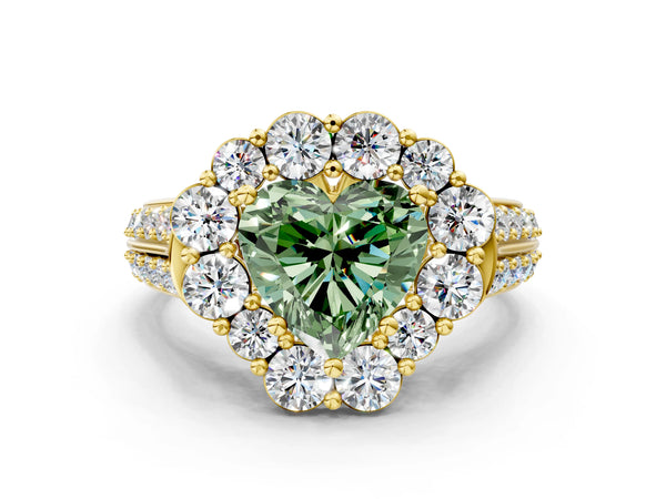 Yellow gold Fancy Green Heart  Halo Diamond Engagement Ring with Split Shank and Prong Setting