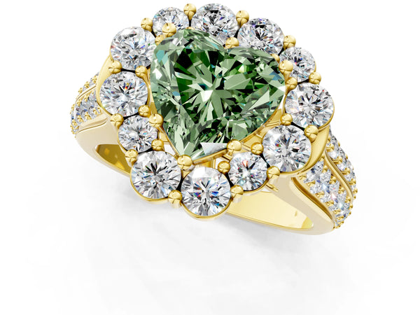 Yellow gold Fancy Green Heart  Halo Diamond Engagement Ring with Split Shank and Prong Setting