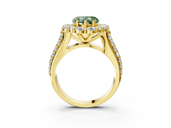 Yellow gold Fancy Green Heart  Halo Diamond Engagement Ring with Split Shank and Prong Setting