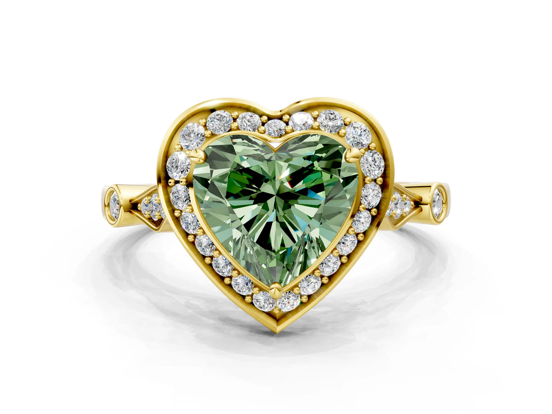 Yellow gold Fancy Green Heart  Halo Diamond Engagement Ring with Twisted Band and Four-Prong Setting