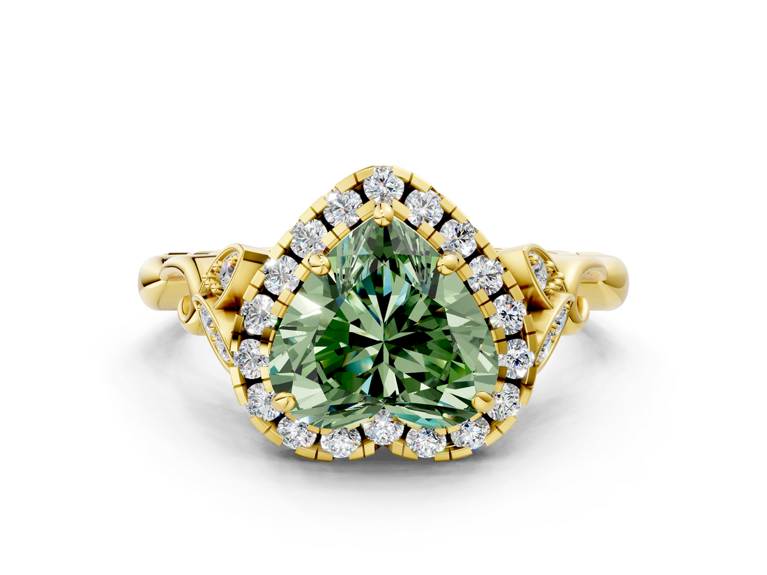 Yellow gold Fancy Green Heart  Halo Diamond Engagement Ring with Vintage-Inspired Band and Four-Prong Setting_3