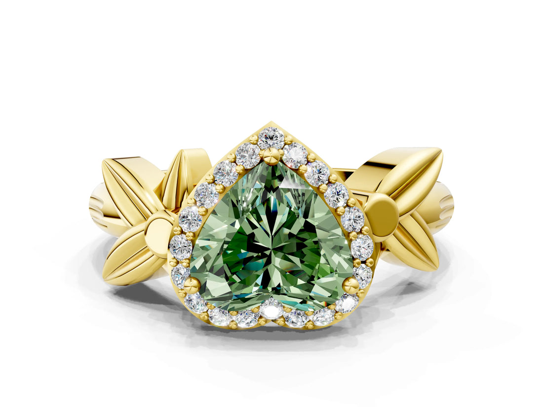 Yellow gold Fancy Green Heart  Halo Diamond Floral Band with Four-Prong Setting_36