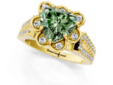 Yellow gold Fancy Green Heart  Halo Diamond Floral Split Shank Engagement Ring 1