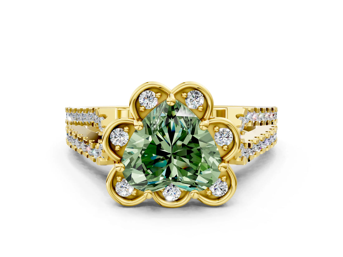 Yellow gold Fancy Green Heart  Halo Diamond Floral Split Shank Engagement Ring