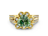 Yellow gold Fancy Green Heart  Halo Diamond Floral Split Shank Engagement Ring