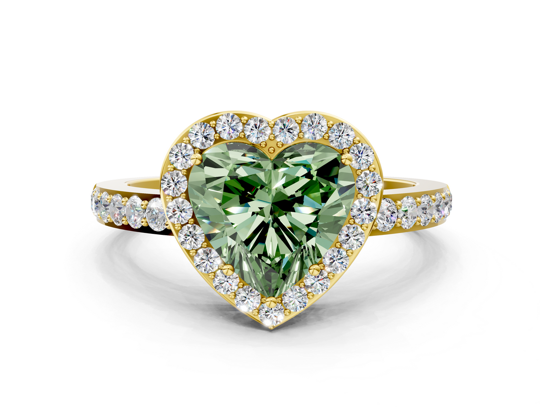 Yellow gold Fancy Green Heart  Halo Diamond Pavé Band Ring with Prong Setting