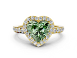 Yellow gold Fancy Green Heart  Halo Diamond Pavé Band Ring with Prong Setting