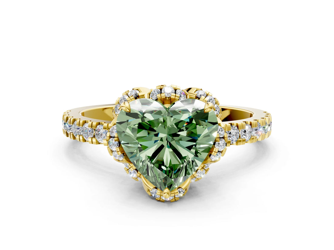Yellow gold Fancy Green Heart  Halo Diamond Pave Band Ring with Four-Prong Setting_15