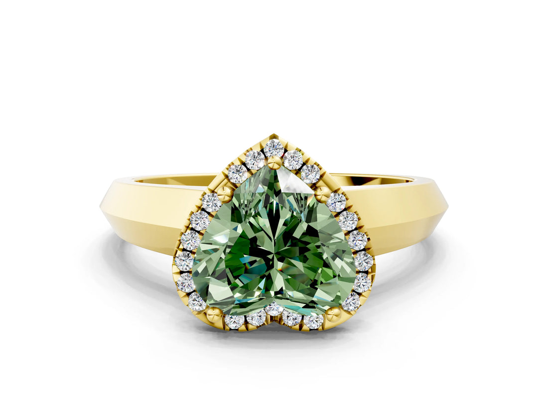 Yellow gold Fancy Green Heart  Halo Diamond Ring with Cathedral Band and Four-Prong Setting_34