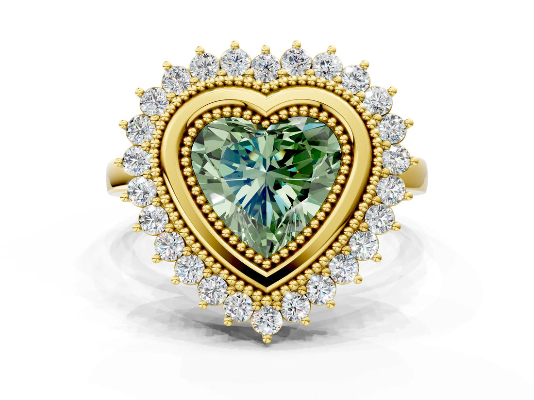 Yellow gold Fancy Green Heart  Halo Diamond Ring with Milgrain Edge and Round Prong Setting_23