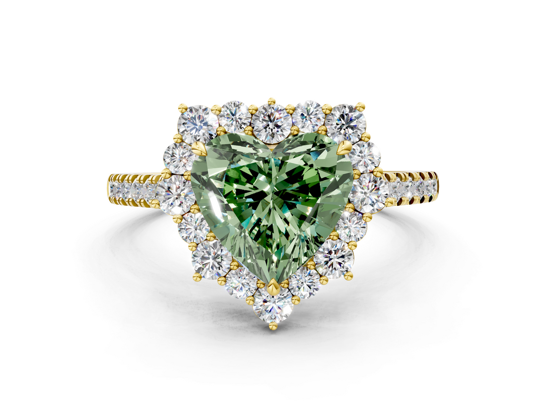 Yellow gold Fancy Green Heart  Halo Diamond Ring with Pavé Band and Prong Setting_17