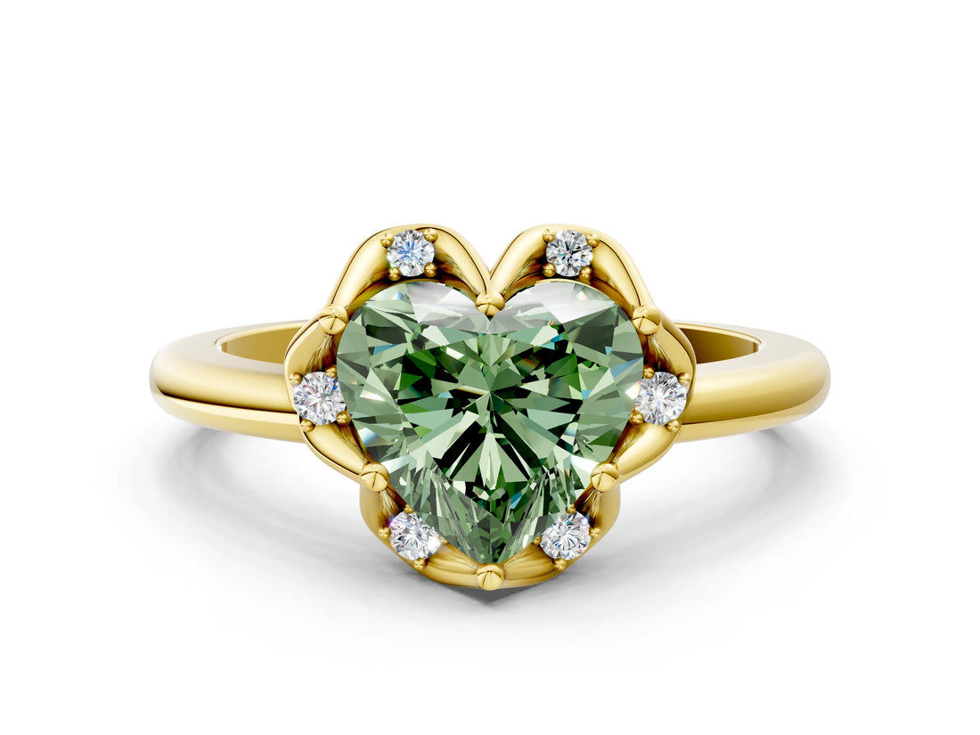 Yellow gold Fancy Green Heart  Halo Diamond Ring with Round Cluster Setting, Solitaire Band, and Four-Prong Setting_50