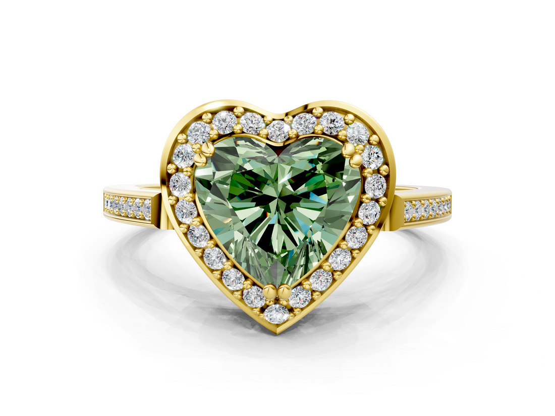 Yellow gold Fancy Green Heart  Halo Diamond Ring with Split Shank and Four-Prong Setting
