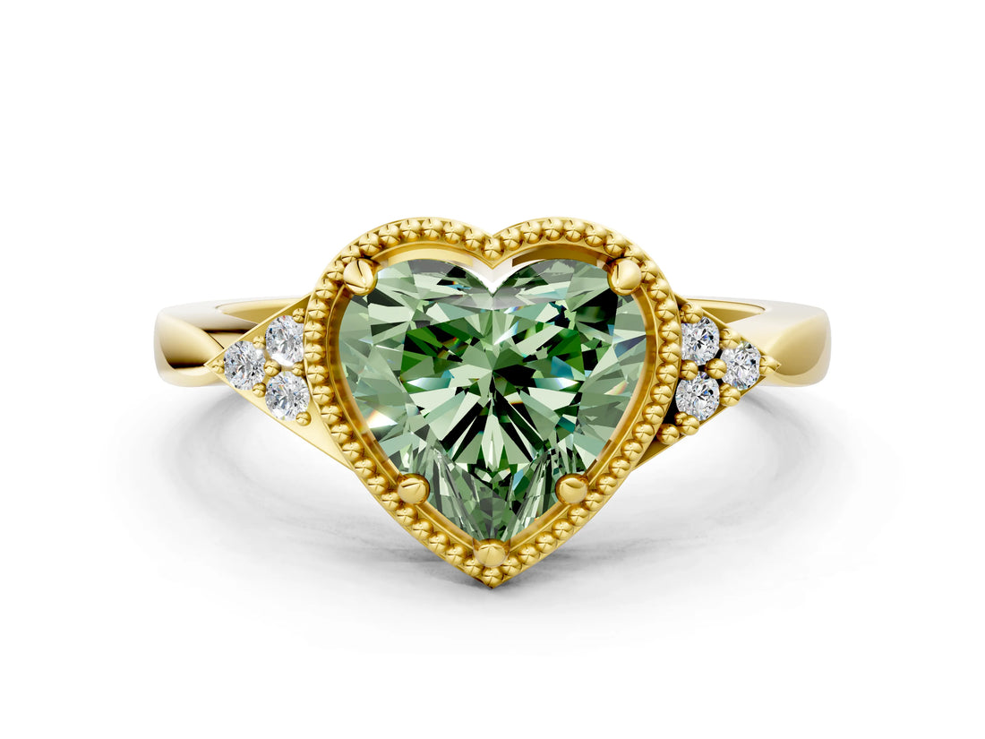 Yellow gold Fancy Green Heart  Halo Diamond Ring with Tapered Band and Four-Prong Setting_7