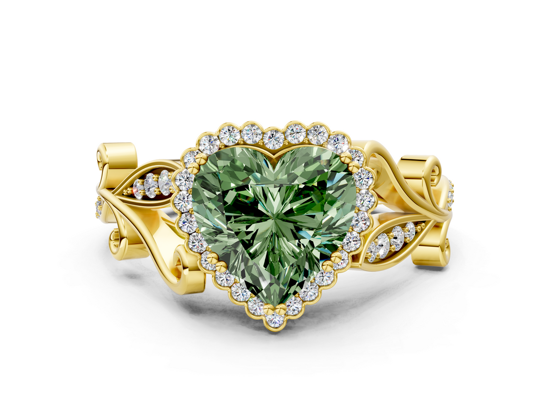 Yellow gold Fancy Green Heart  Halo Diamond Ring with Vintage Split Shank and Four-Prong Setting