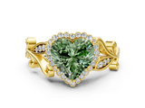 Yellow gold Fancy Green Heart  Halo Diamond Ring with Vintage Split Shank and Four-Prong Setting