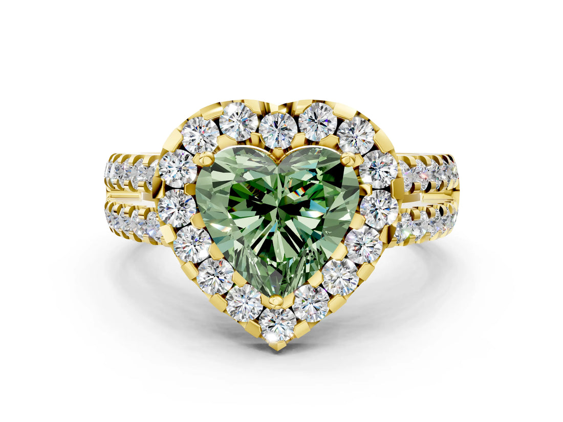 Yellow gold Fancy Green Heart  Halo Diamond Split Shank Engagement Ring with Prong Setting_39