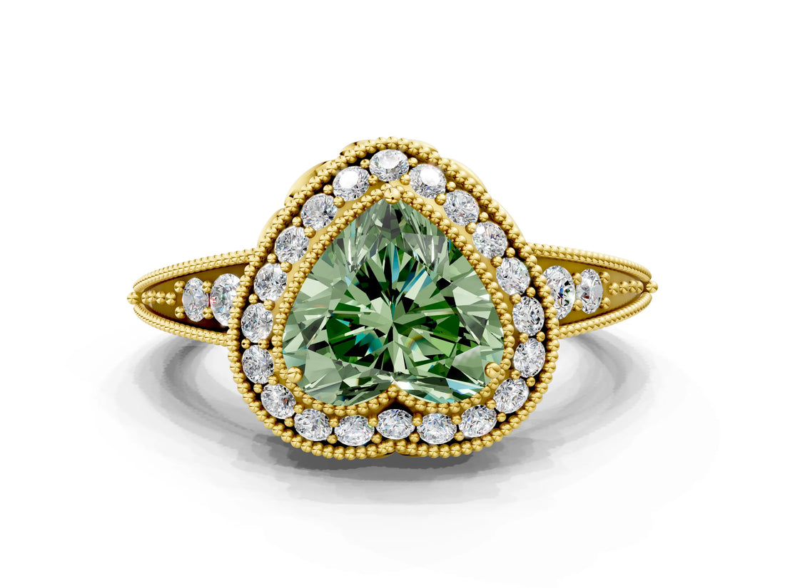 Yellow gold Fancy Green Heart  Halo Diamond Split Shank Ring with Milgrain Detail_29