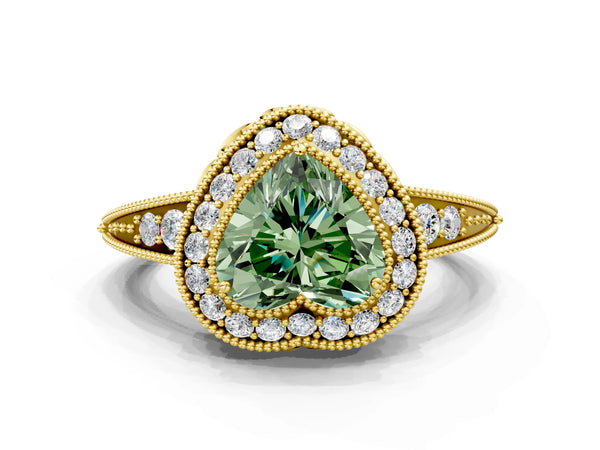 Yellow gold Fancy Green Heart  Halo Diamond Split Shank Ring with Milgrain Detail