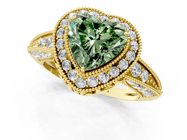 Yellow gold Fancy Green Heart  Halo Diamond Split Shank Ring with Milgrain Detail