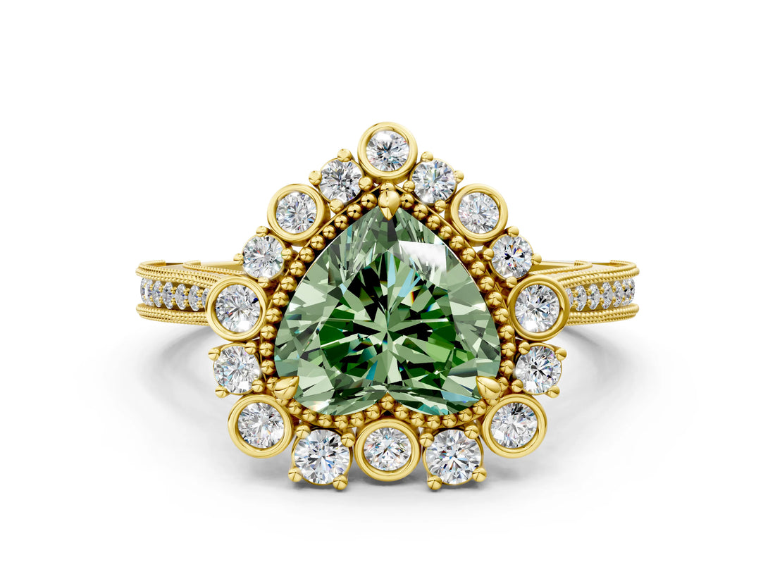 Yellow gold Fancy Green Heart  Halo Milgrain Pave Diamond Ring with Four-Prong Setting 1