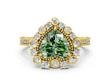 Yellow gold Fancy Green Heart  Halo Milgrain Pave Diamond Ring with Four-Prong Setting 1