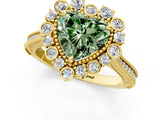 Yellow gold Fancy Green Heart  Halo Milgrain Pave Diamond Ring with Four-Prong Setting 2