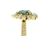 Yellow gold Fancy Green Heart  Halo Milgrain Pave Diamond Ring with Four-Prong Setting