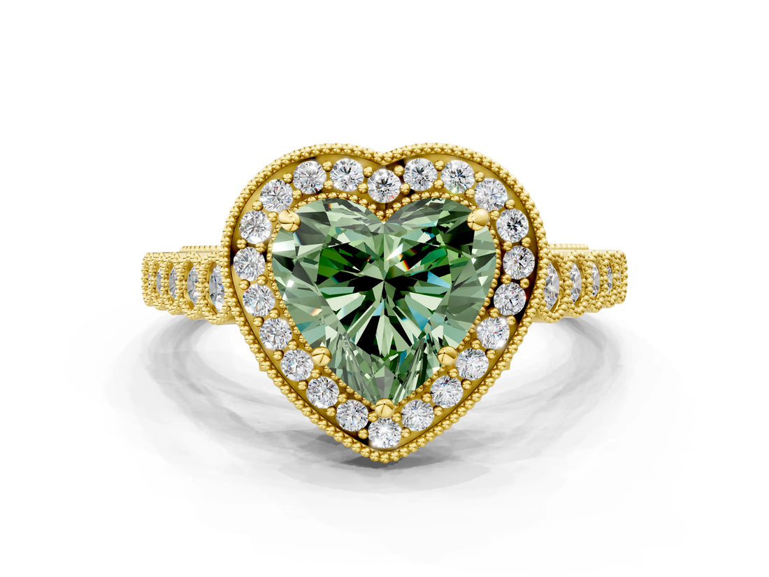 Yellow gold Fancy Green Heart  Halo Milgrain Solitaire with Bezel Set Side Stones and Pave Band_30