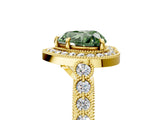 Yellow gold Fancy Green Heart  Halo Milgrain Solitaire with Bezel Set Side Stones and Pave Band_35