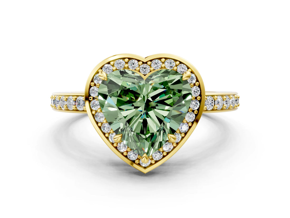 Yellow gold Fancy Green Heart  Halo Pave Band Solitaire Ring with Prong Setting_29