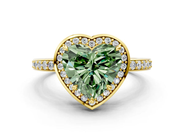 Yellow gold Fancy Green Heart  Halo Pave Band Solitaire Ring with Prong Setting