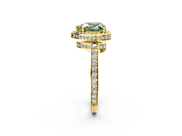 Yellow gold Fancy Green Heart  Halo Pave Band Solitaire Ring with Prong Setting