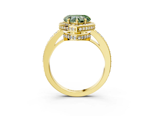 Yellow gold Fancy Green Heart  Halo Pave Band Solitaire Ring with Prong Setting