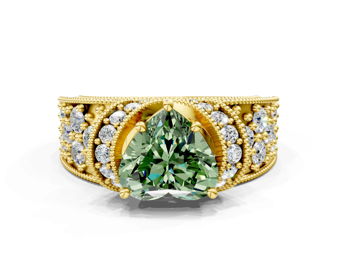 Yellow gold Fancy Green Heart  Halo Pave Diamond Engagement Ring with Milgrain Detailing_29