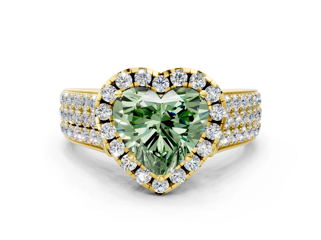 Yellow gold Fancy Green Heart  Halo Round Diamond Pave Band with Prong Setting 1