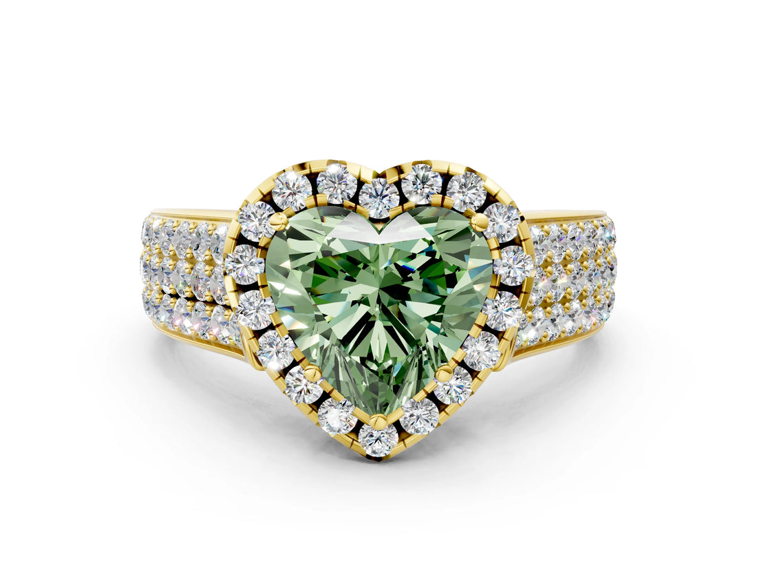 Yellow gold Fancy Green Heart  Halo Round Diamond Pave Band with Prong Setting_12