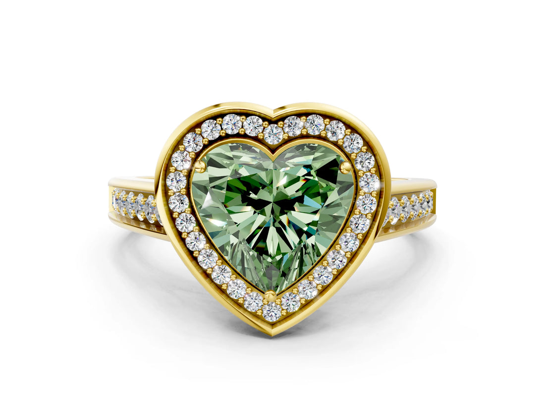 Yellow gold Fancy Green Heart  Halo Solitaire Diamond Ring with Pave Band and Bezel Setting_28
