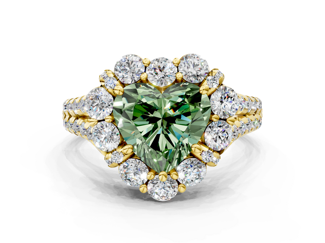 Yellow gold Fancy Green Heart  Halo Split Shank Diamond Engagement Ring with Pave Band and Four-Prong Setting