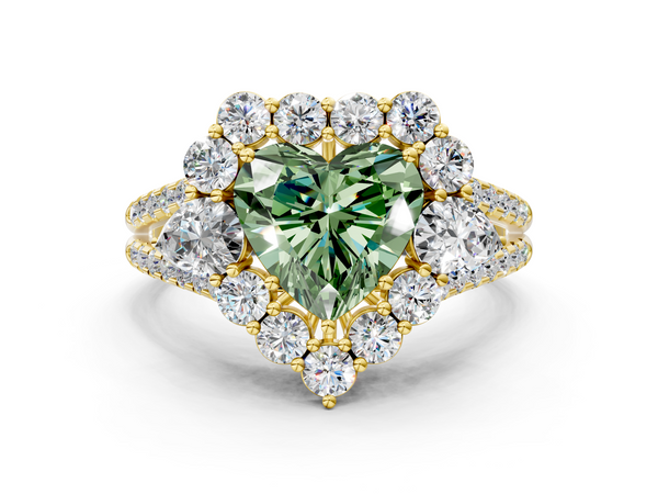 Yellow gold Fancy Green Heart  Halo Split Shank Diamond Engagement Ring with Prong Setting