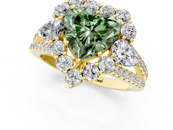 Yellow gold Fancy Green Heart  Halo Split Shank Diamond Engagement Ring with Prong Setting