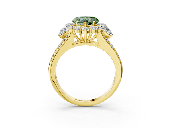 Yellow gold Fancy Green Heart  Halo Split Shank Diamond Engagement Ring with Prong Setting