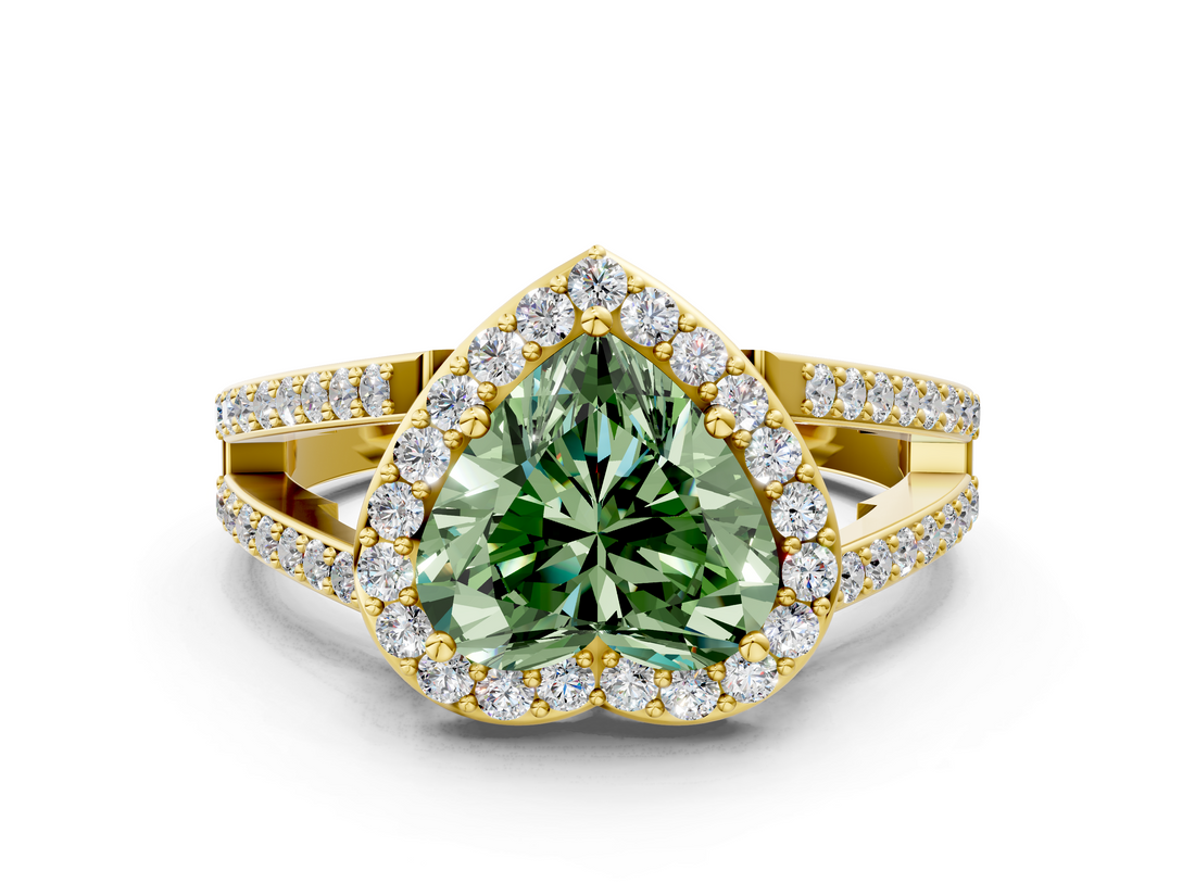 Yellow gold Fancy Green Heart  Halo Split Shank Diamond Ring with Four-Prong Setting