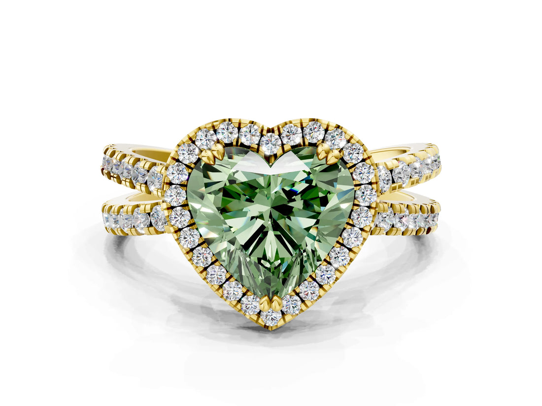 Yellow gold Fancy Green Heart  Halo Split Shank Diamond Ring with Pavé Setting