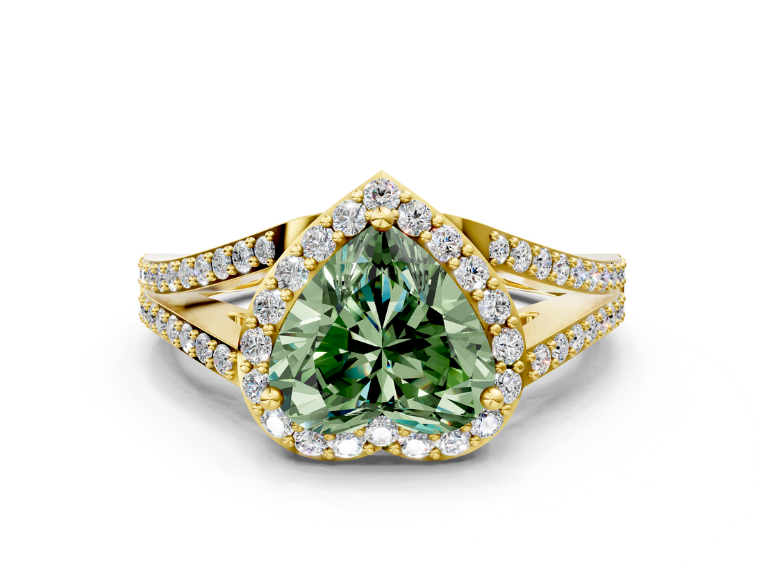 Yellow gold Fancy Green Heart  Halo Split Shank Diamond Ring with Prong Setting